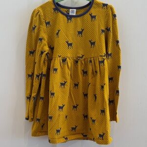 Mustard Yellow Deer Print Long-Sleeve Kids Dress